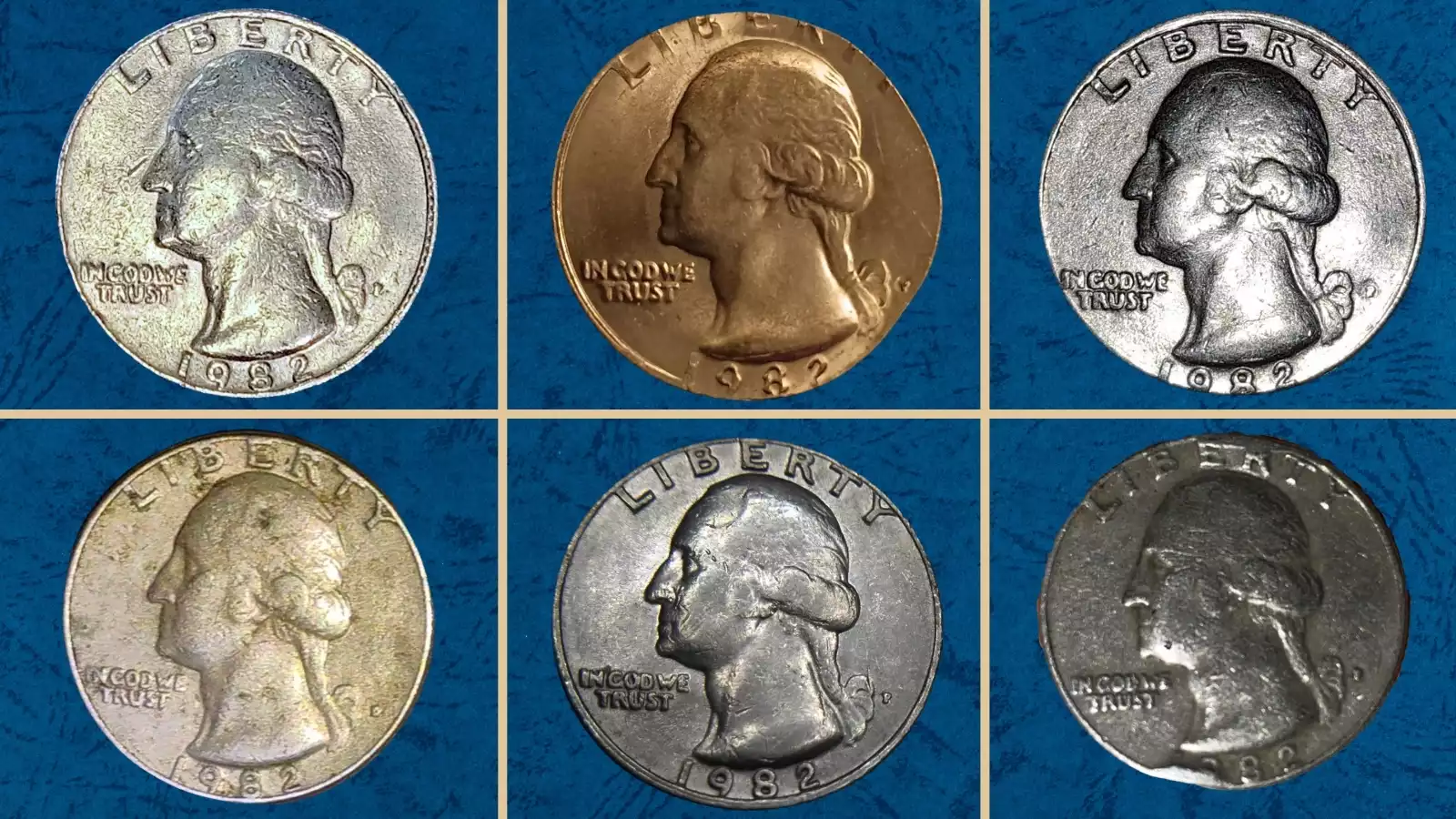 1982 Washington quarter grading strip showing four condition tiers from worn to gem uncirculated