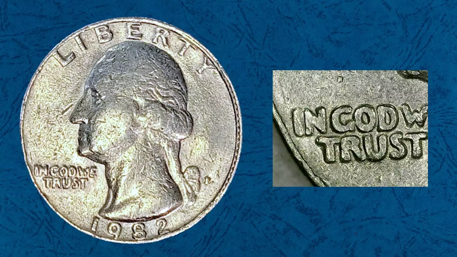 1982-P doubled die obverse quarter showing doubling in LIBERTY lettering
