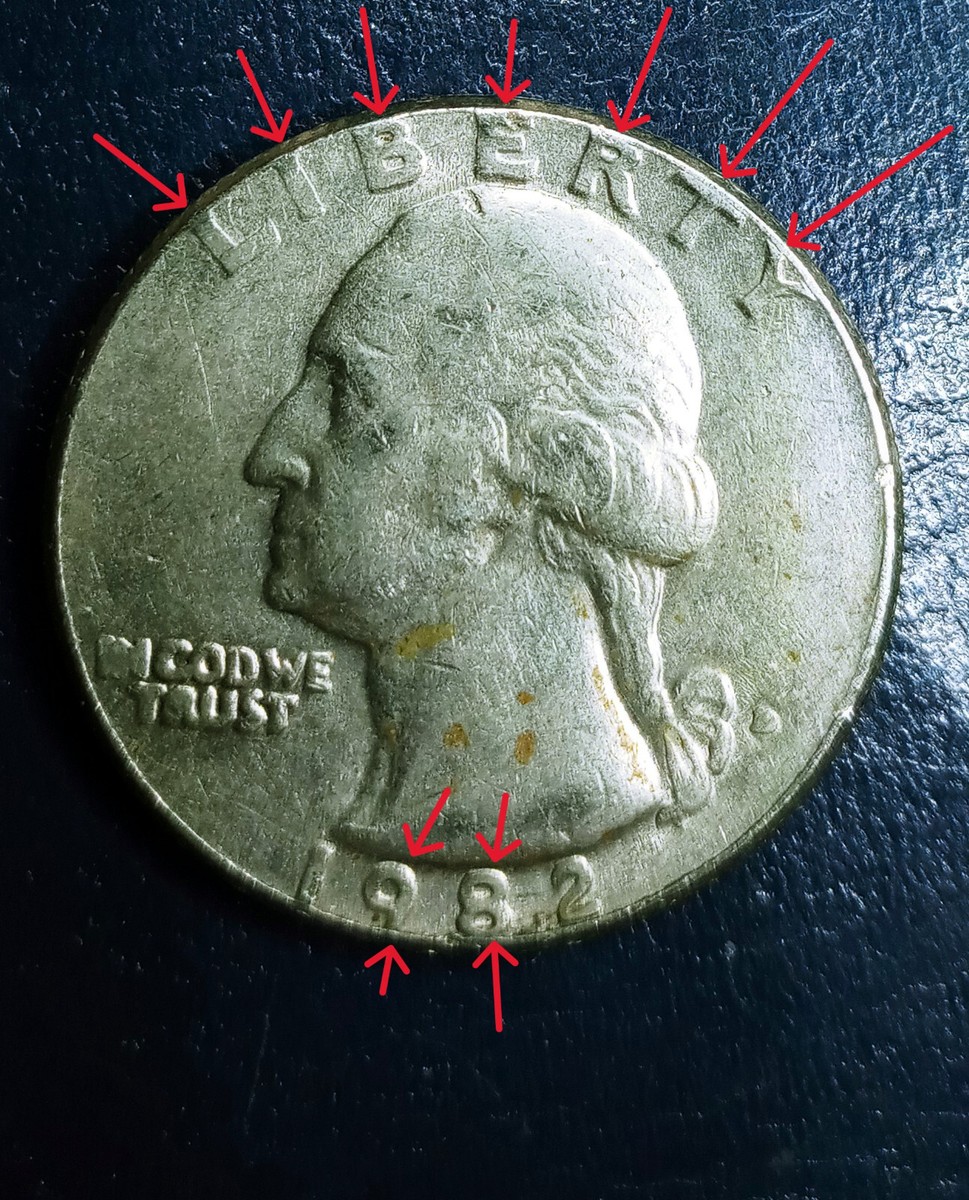 1982 quarter filled die error showing IN GOD WE RUST with missing letter T in TRUST