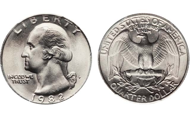 1982 Washington quarter mintage overview showing P, D, and S mint mark coins